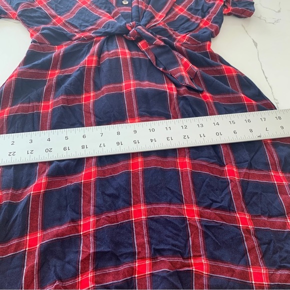 Navy Red Plaid Check Tie-Front Shirt Dress - Picture 8 of 12